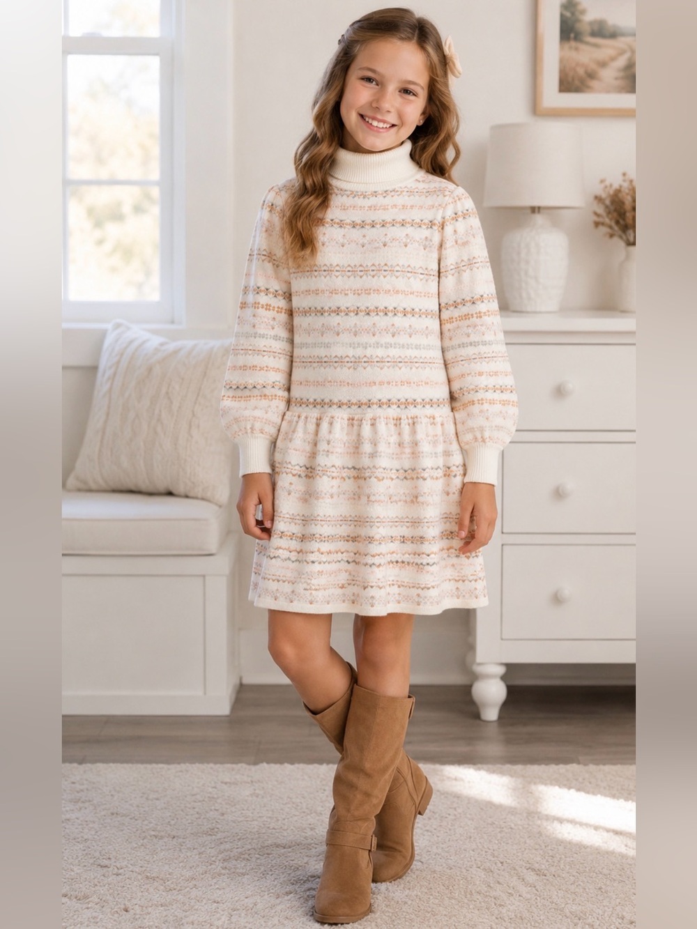 Janie and Jack Fair Isle Sweater Dress Girls Size 10 Cozy Turtleneck Winter